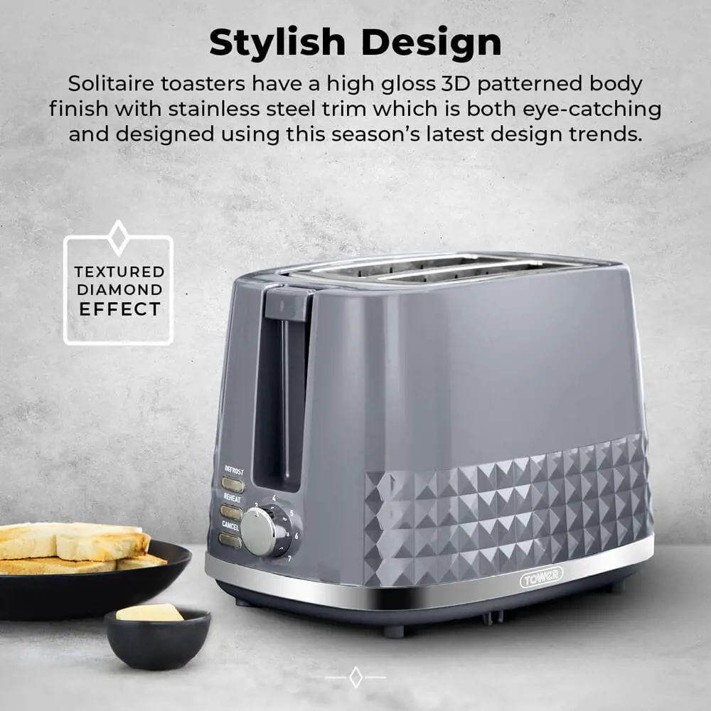 Tower Solitaire Grey 2 Slice Toaster